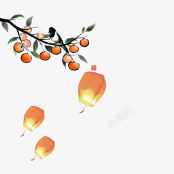 中国风古风画中秋灯笼柿树元素素材