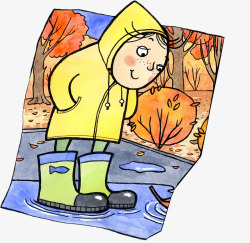 可爱卡通插图穿雨靴雨衣踩在水湾素材