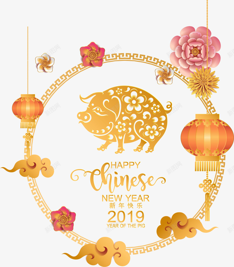 2019猪年喜庆中国年矢量图ai免抠素材_88icon https://88icon.com 2019 中国年 中国风装饰 喜庆 灯笼 牡丹花 猪年 金色 矢量图