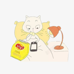 卡通薯片手绘猫咪吃薯片玩手机高清图片