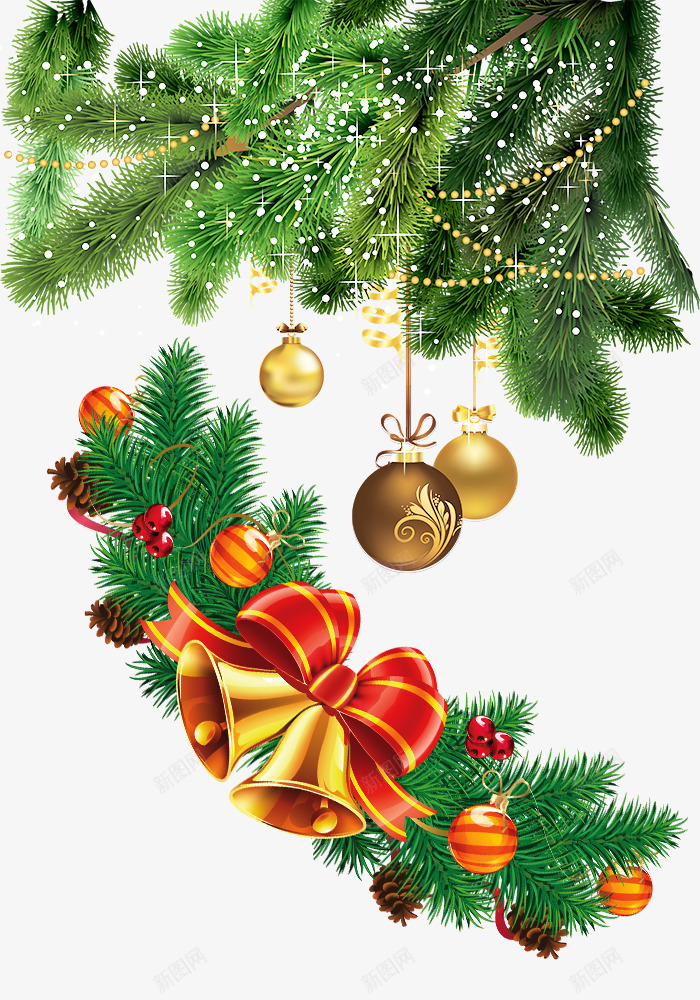 金色铃铛和绿色圣诞树psd免抠素材_88icon https://88icon.com 圆铃铛 圣诞树 圣诞节素材 绿色 金色礼物球 金色铃铛