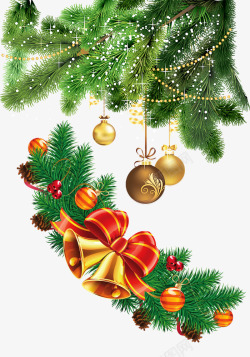金色铃铛和绿色圣诞树素材