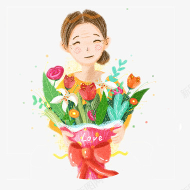 风筝节插图图标手捧鲜花的女孩图标图标