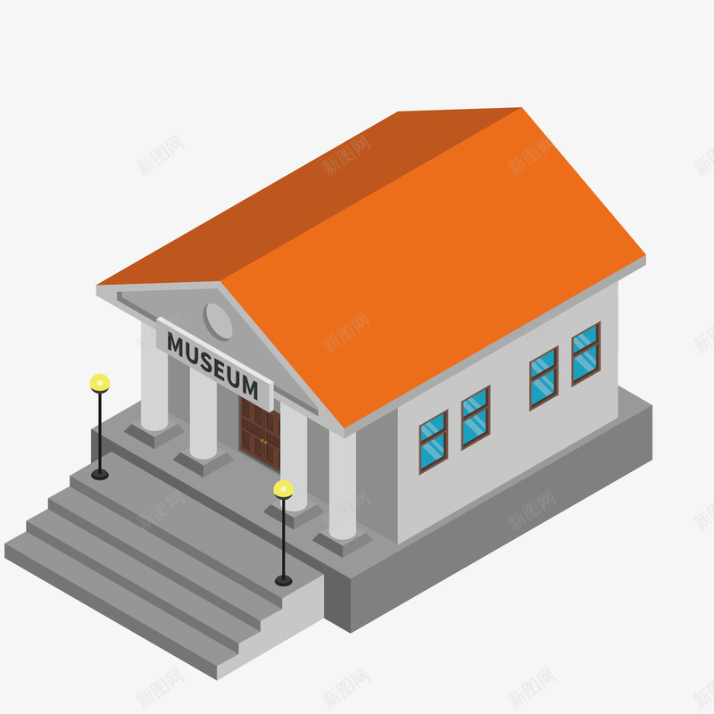 博物馆外观建设矢量图ai免抠素材_88icon https://88icon.com 博物馆 建筑 橙色 路灯 矢量图