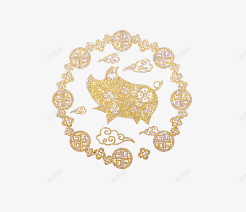 猪年金色花纹png免抠素材_88icon https://88icon.com 中国风 新年 猪年 金色花纹