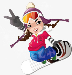 户外雪地背景卡通手绘滑雪女孩高清图片