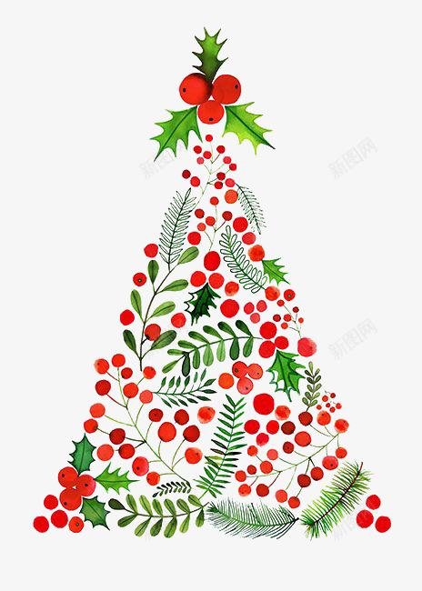 植物组合三角形圣诞树psd免抠素材_88icon https://88icon.com 创意 圣诞节 红果子 绿叶 节日