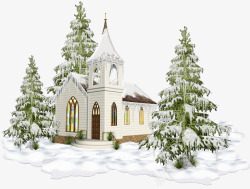 卡通手绘房屋雪树素材