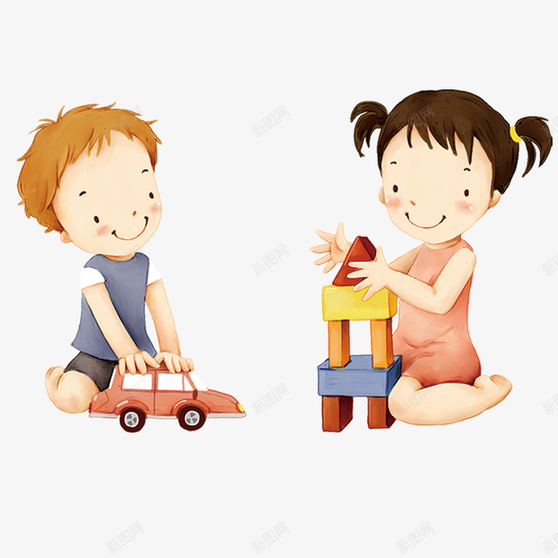 卡通玩积木png免抠素材_88icon https://88icon.com 卡通 拼积木 汽车 玩耍 男孩女孩 积木