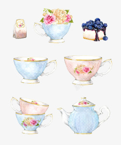 玫瑰茶壶下午茶唯美手绘水彩素材