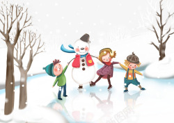 冰天雪地里滑冰的雪人和小孩素材