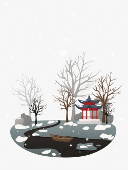 建筑素卡通冬季新年雪景中式建筑素矢量图高清图片
