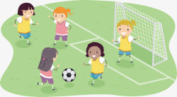 女足卡通插图草地上踢足球的可爱女孩高清图片
