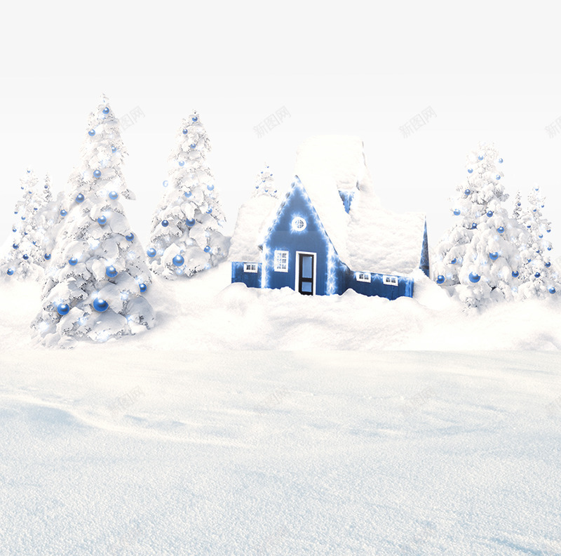挂满雪的圣诞树psd免抠素材_88icon https://88icon.com 下雪 冬天 卡通 圣诞树 寒冷 房子 景色 球体 白色 结冰 蓝色 雪景 雪花