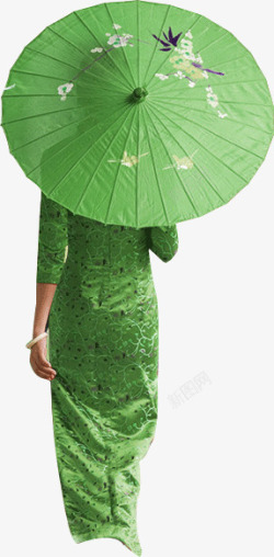 绿色旗袍撑伞美女背影素材