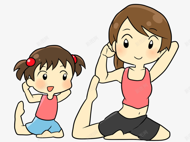 练习瑜伽的卡通母女png免抠素材_88icon https://88icon.com 卡通母女 可爱小朋友 妈妈 抬腿 瑜伽动作 练习瑜伽