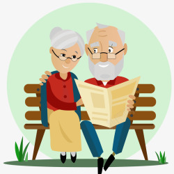 公园蓝色长木椅插画老年夫妻看报纸插画矢量图高清图片