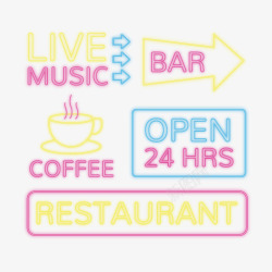 紫色黄色咖啡馆全天营业音乐霓虹矢量图素材