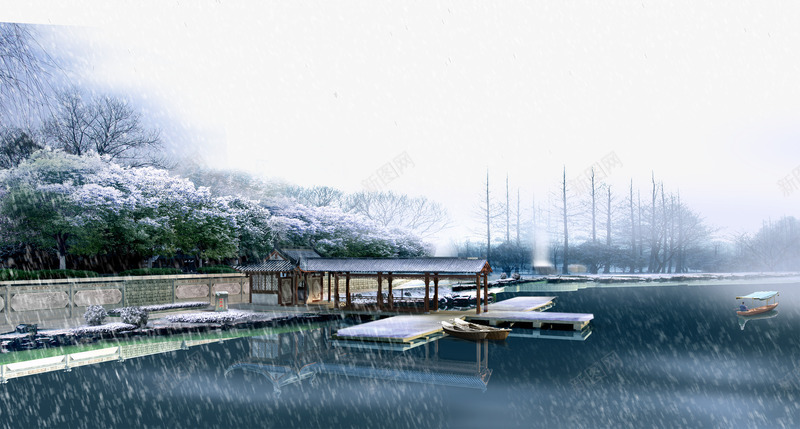 景观冬景psd免抠素材_88icon https://88icon.com 下雪 下雪天 冬天的景色 湖水 船 雪