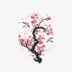 卡通红黑色蜻蜓中国风水墨红腊梅矢量图高清图片