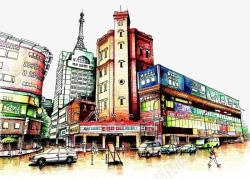 手绘彩绘商业街步行街图案素材