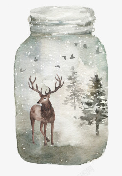 下雪森林灰色麋鹿玻璃瓶手绘高清图片