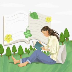 装饰插图坐在草地上看书的女孩素材