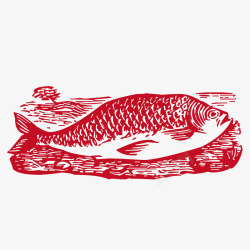 丝网印刷图案红色木刻鱼版画高清图片