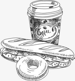 手绘快餐食物咖啡热狗甜甜圈线稿素材