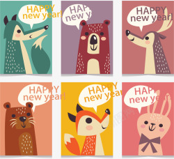 新年卡片免抠6款彩色动物新年快乐卡片素矢量图高清图片