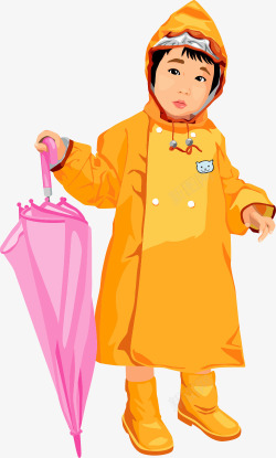 可爱手绘插图穿雨衣拿着雨伞的小素材