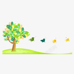 卡通春季树木与小鸟素材
