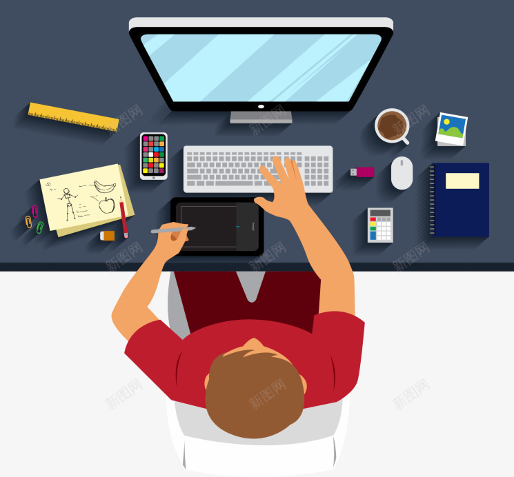 顶视图png免抠素材_88icon https://88icon.com 人物 人物顶视图 俯视图 卡通商务人物 商务 工作 桌面摆件 电脑 鸟瞰人