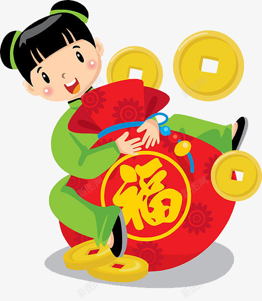 中国娃娃送福png免抠素材_88icon https://88icon.com 丸子头 卡通手绘 可爱画风 新年氛围 福袋 装饰 金钱