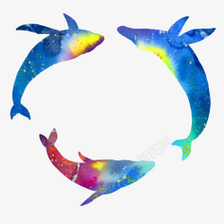 三头鲸鱼绕圈水彩风素材