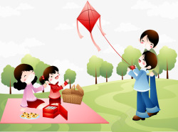 草地上野餐放风筝的一家人素材