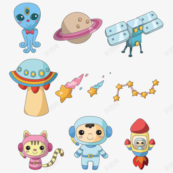 太空插画矢量图ai免抠素材_88icon https://88icon.com 卡通 卫星 外星人 宇航员 插画 星星 火箭 猫星人 矢量图