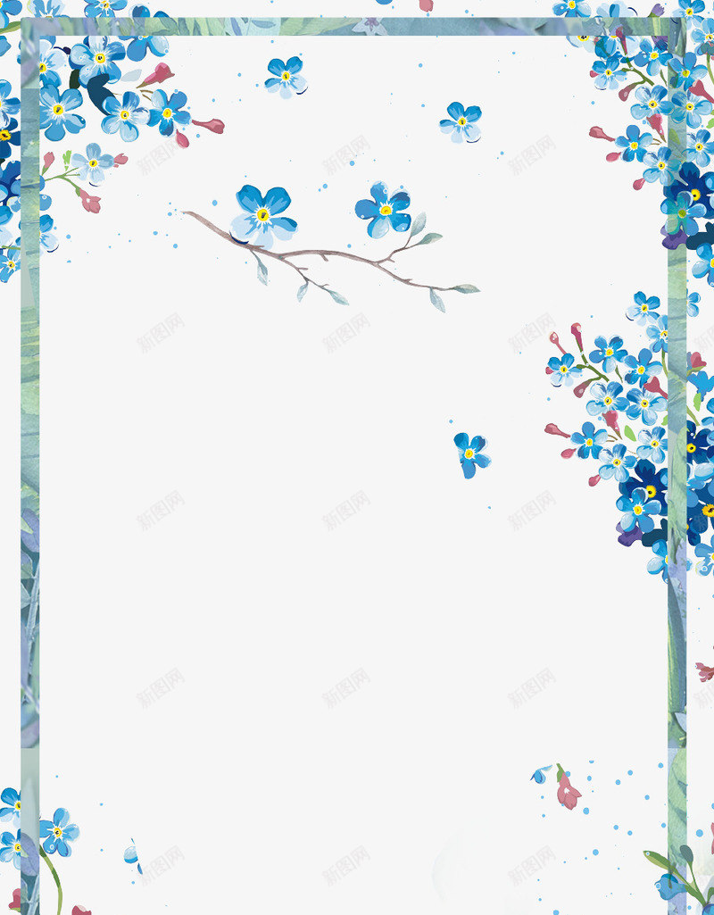 蓝色小清新花朵装饰边框psd免抠素材_88icon https://88icon.com 小清新 树枝 海报 花朵 花瓣 蓝色 装饰 边框