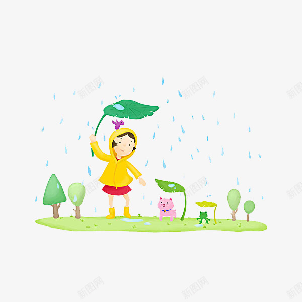 穿雨衣的女孩png免抠素材_88icon https://88icon.com 小女孩 绿色的 草地小动物 雨水 雨衣 黄色的