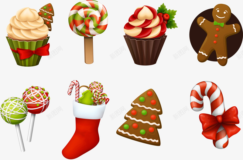 圣诞美食EPS矢量图eps免抠素材_88icon https://88icon.com 创意美食 吊球 圣诞节 圣诞节蛋糕 姜饼人 美食 美食圣诞节 节日 蛋糕 蝴蝶结 矢量图