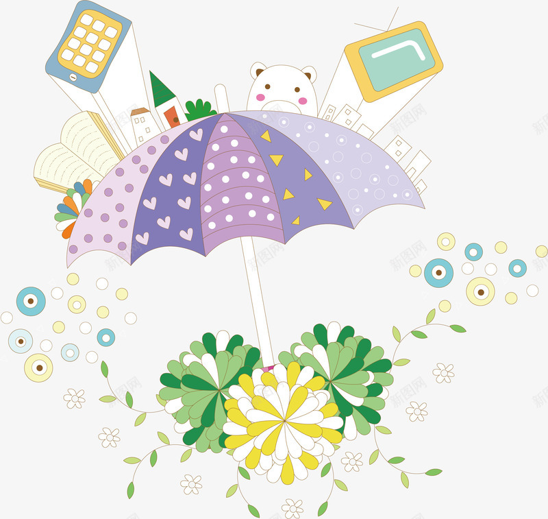 碎花雨伞矢量图ai免抠素材_88icon https://88icon.com 书本 城堡 树叶 植物 雨伞 矢量图