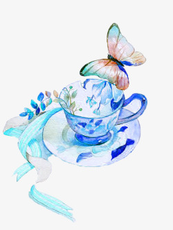 蓝色花纹手绘茶杯蝴蝶装饰图案素材