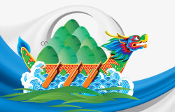 卡通龙舟载着粽子海水背景卡片素材