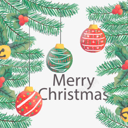 彩绘圣诞节松枝和圣诞吊球矢量图素材