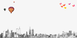 城市建筑物手绘线描黑白简笔画素材