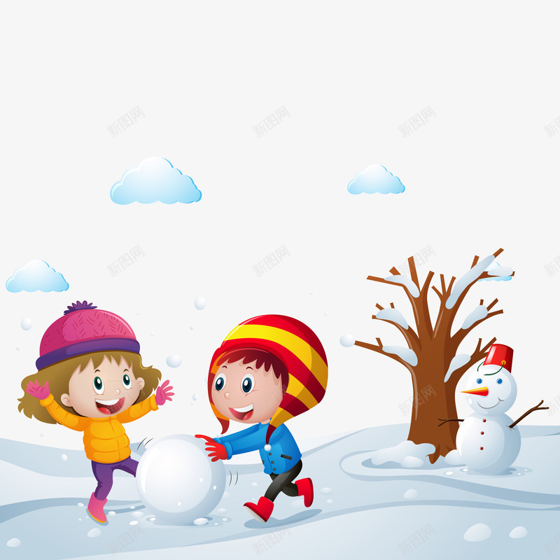 快乐的孩子们玩雪插图矢量图eps免抠素材_88icon https://88icon.com 云 女孩 树木 男孩 雪人 雪景 雪球 矢量图