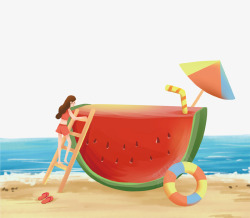 沙滩冷饮卡通创意沙滩西瓜冷饮插画高清图片