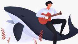 红色小海豚卡通手绘坐在海豚上弹吉他的高清图片