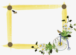 白色菊花绿叶装饰黄色边框素材