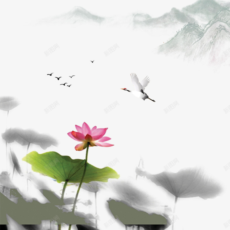 水墨荷花山水装饰png免抠素材_88icon https://88icon.com 中国风 古画山水 山水画 平面海报装饰 水墨画 水墨荷花 白鹤图 飞翔的白鹤